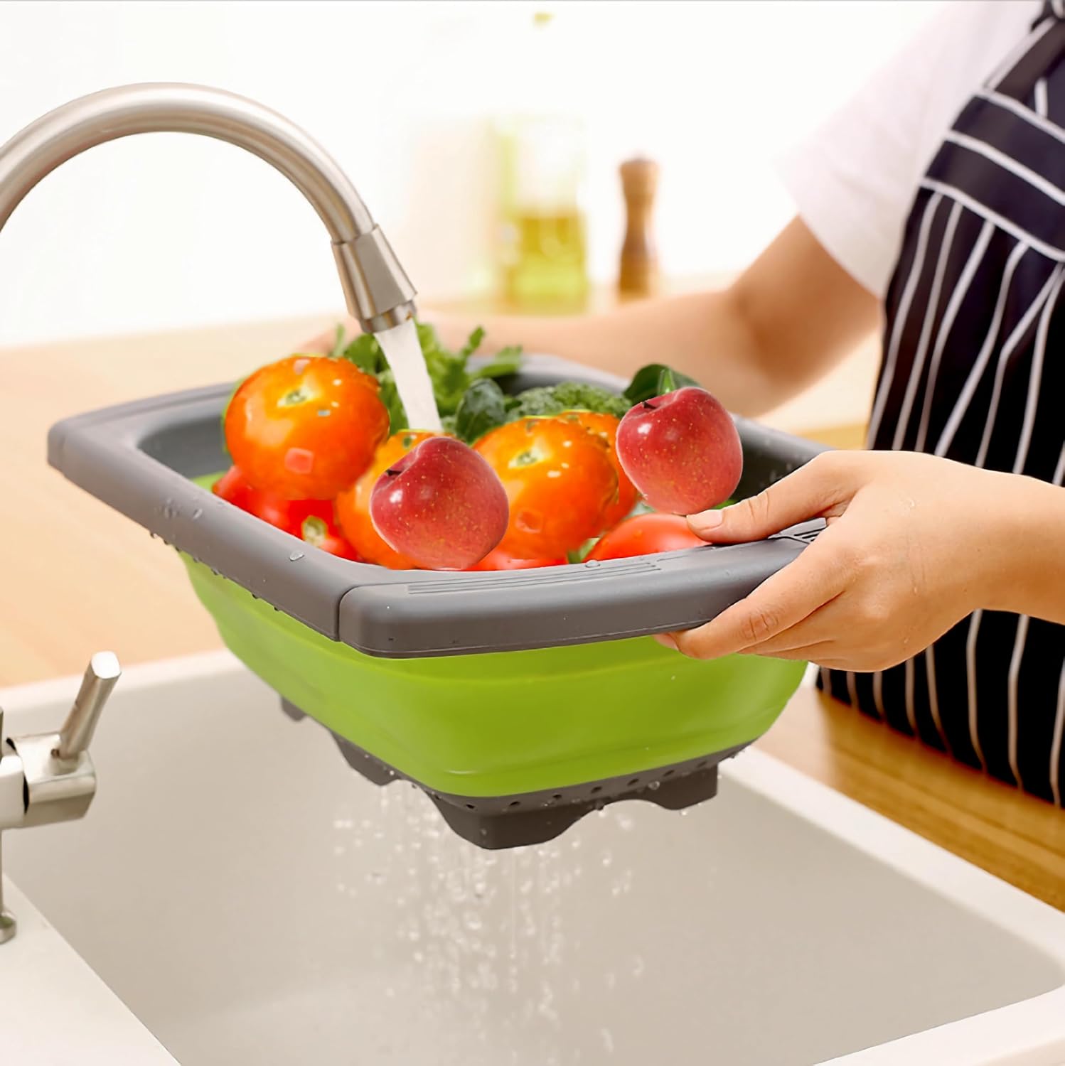 CANASTA COLADOR PLEGABLE DE SILICONA CON ASA PARA ALIMENTOS