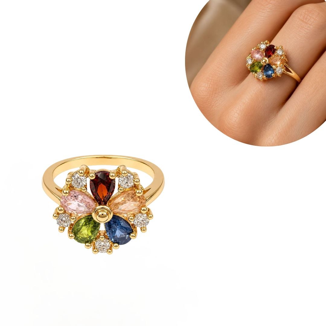 ANILLO DE ENCHAPE PARA DAMA CON DISEÑO DE FLOR Y CIRCONES MULTICOLOR