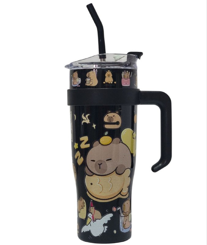 VASO TERMO DE ACERO INOXIDABLE CON ASA DISEÑO DE CAPIBARA,CAPYBARA CON SORBETE Y MUCHO ESTILO 1200ML