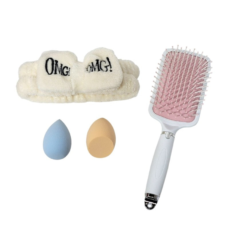 KIT DE CUIDADO FACIAL Y DE CABELLO, CEPILLO DESENREDANTE, ESPONJA MAQUILLAJE, VINCHA ELASTICA, 4 COLORES SWEET BEAUTY