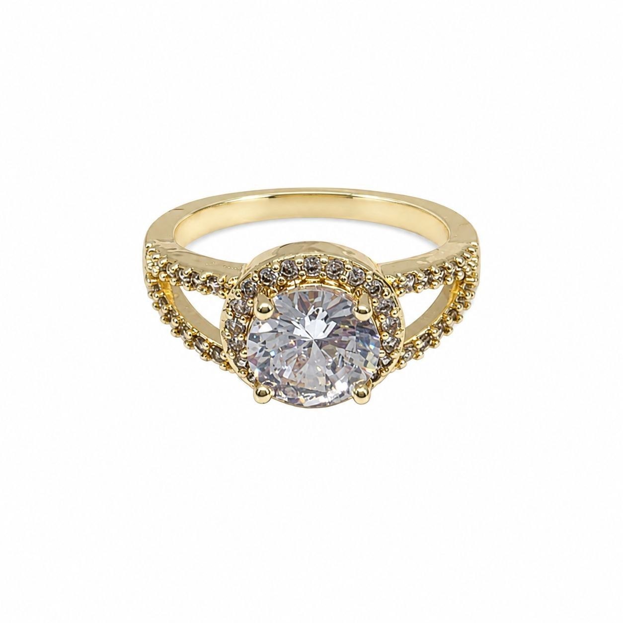 ANILLO DE ENCHAPE PARA DAMA CON DISEÑO HALO Y BANDA DIVIDIDA CON CIRCONES