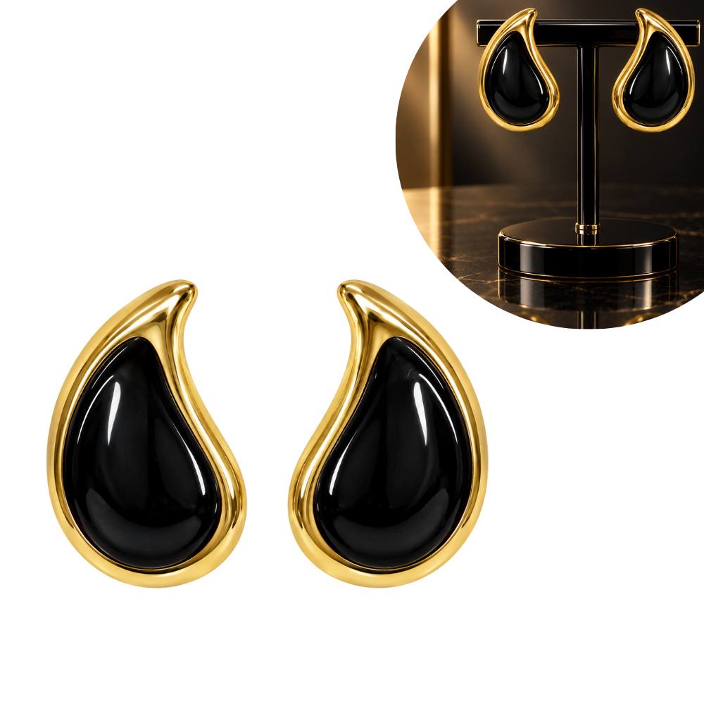 ARITOS DE ENCHAPE PARA DAMA CON DISEÑO DE GOTA NEGRA Y BORDE DORADO 3CM