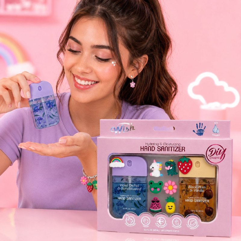 SET DE 2 SPRAY DESINFECTANTES DE MANOS HUMECTANTES CON AROMA Y 8 PINES WISH 45ML
