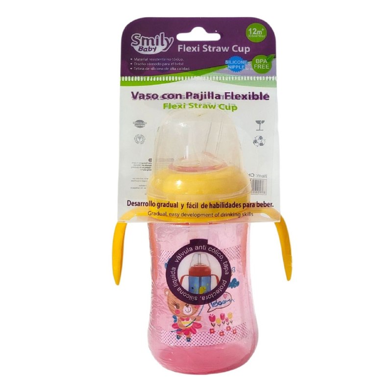 VASO ENTRENADOR ANTIDERRAME CON VALVULA ANTICOLICO PARA BEBES SMILY BABY 250ML