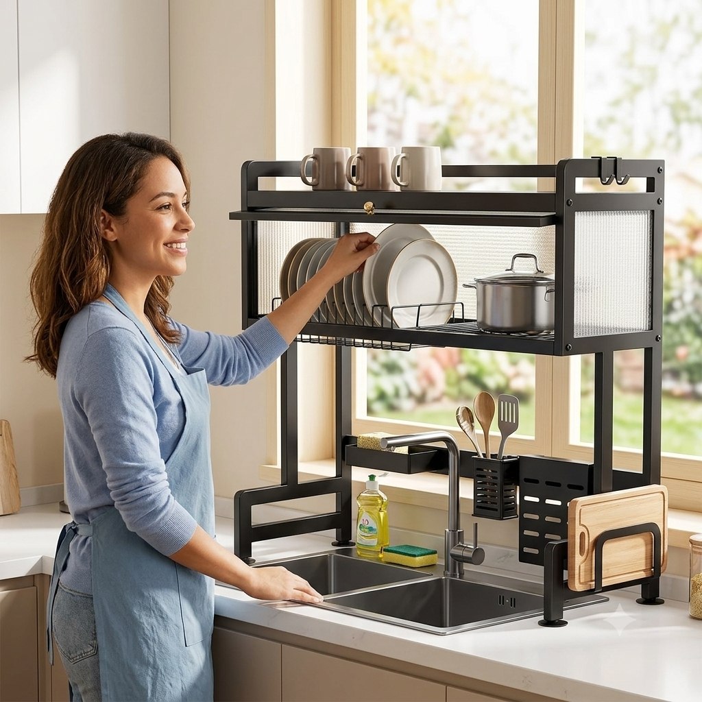 ESTANTE ORGANIZADOR Y ESCURRIDOR DE COCINA, SOBRE EL FREGADERO, ESTANTE DESMONTABLE DE SECADO DE PLATOS DE ACERO INOXIDABLE, FACIL DRENAJE RANCK 80X28X9.5CM