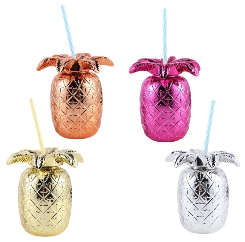 VASO EN FORMA DE PIÑA DE PLASTICO CON PAJILLA PARA BEBIDAS FRIAS O COCTELES 4 COLORES