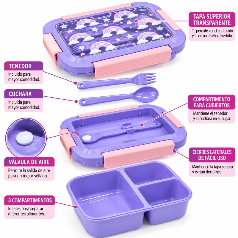RECIPIENTE PANA PARA ALIMENTOS HERMETICA DE 3 COMPARTIMIENTOS CON CUBIERTOS PARA NIÑOS(AS) FRESH GUARD 1400ML