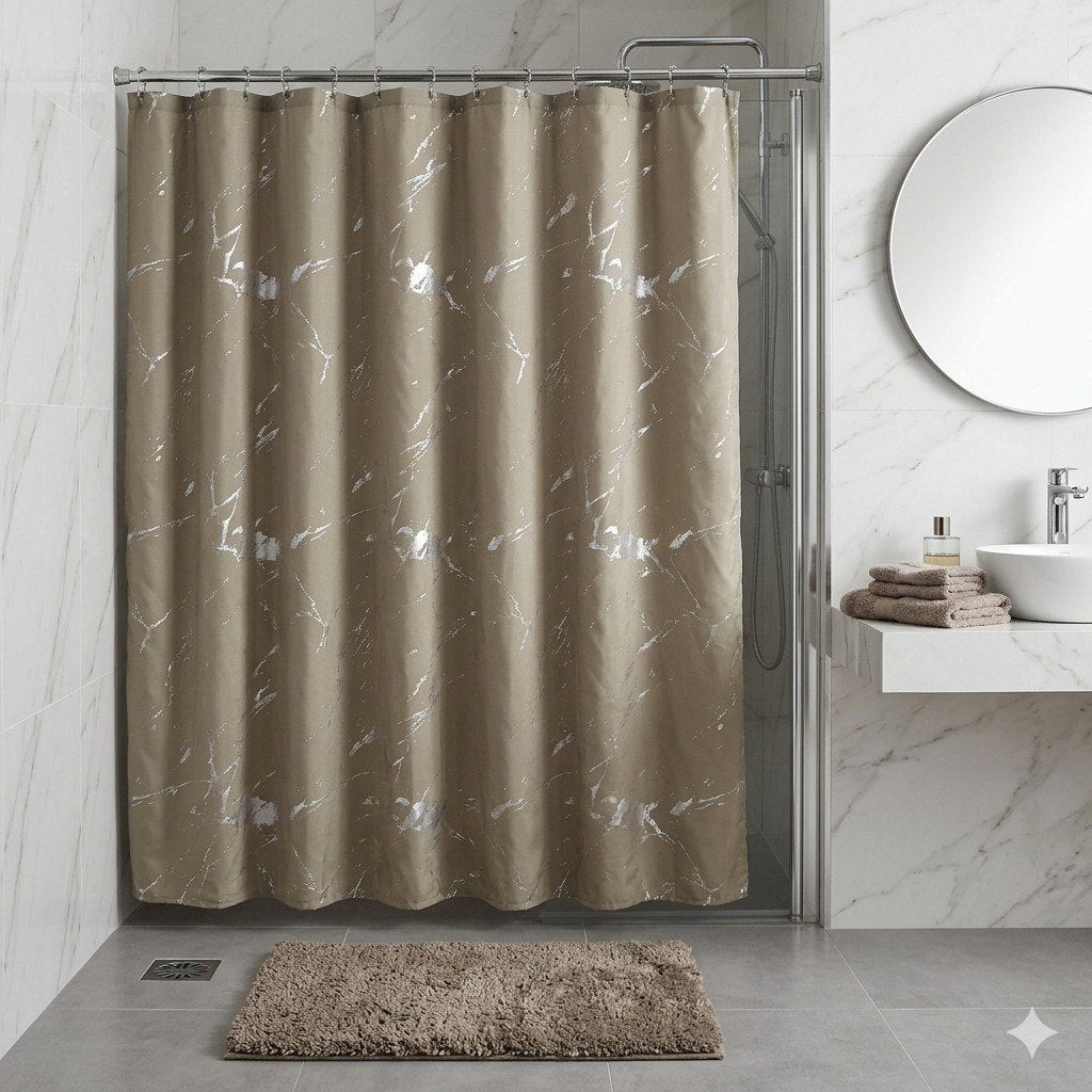 SET DE BAÑO DE CORTINA Y ALFOMBRA COLOR CAFE CON ESTAMPADO 14PCS THE SPA COLLECTION