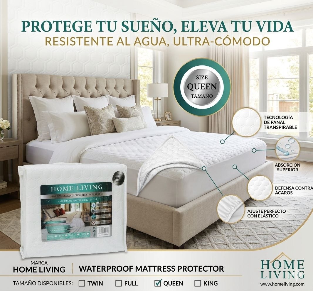 PROTECTOR DE COLCHON IMPERMEABLE 100% POLIESTER TAMAÑO QUEEN HOME LIVING