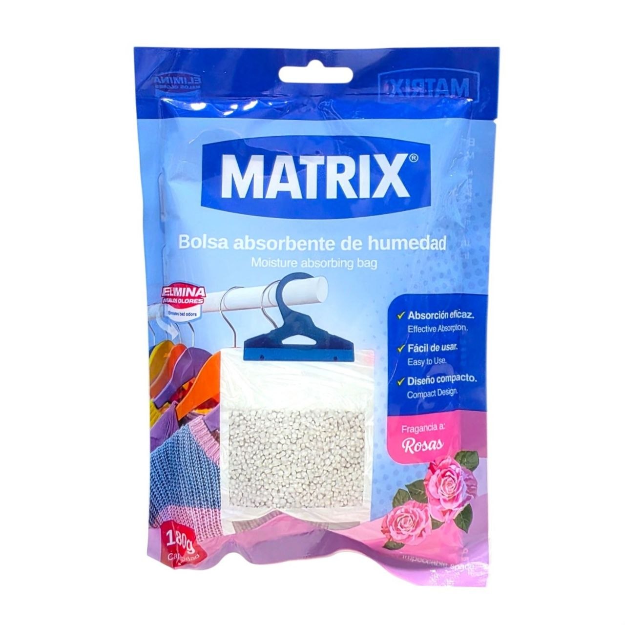 BOLSA DESHUMIFICADORA ABSORBENTE DE HUMEDAD COLGANTE CON AROMA A ROSAS MATRIX 180G