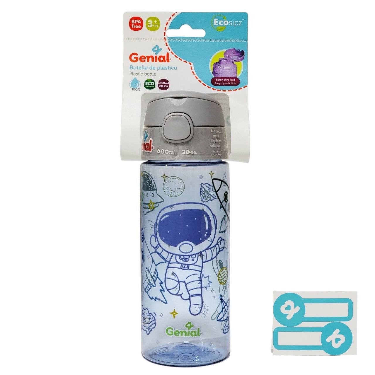 BOTELLA PLASTICA INFANTIL PORTATIL CON BOTON DE APERTURA GENIAL 600ML