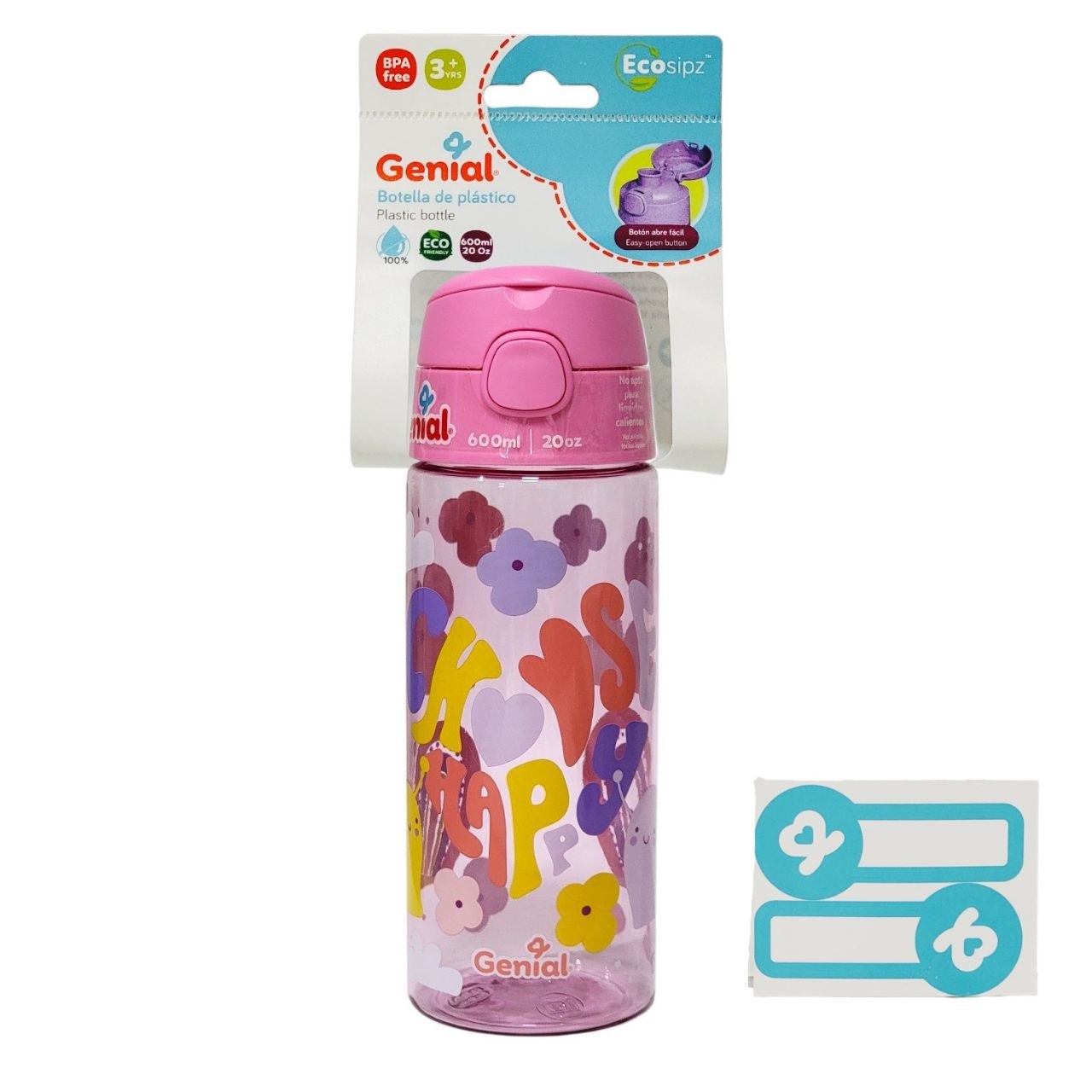 BOTELLA PLASTICA INFANTIL PORTATIL CON BOTON DE APERTURA GENIAL 600ML