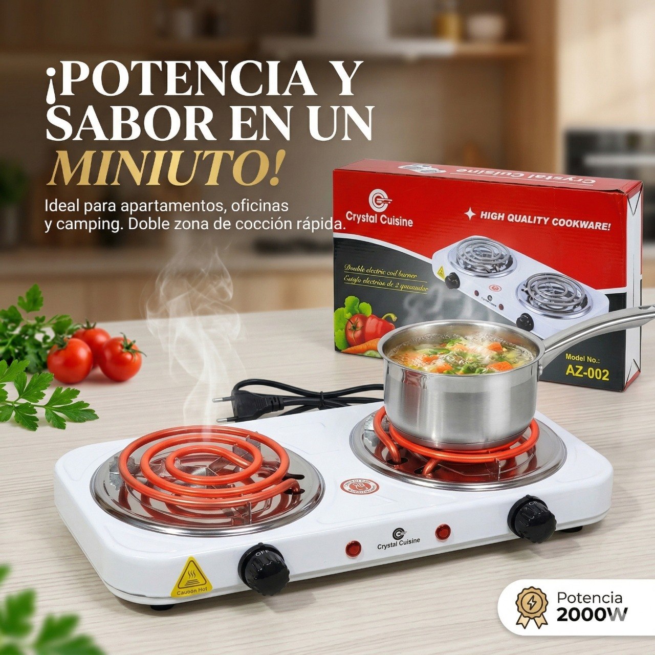 ESTUFA ELECTRICA DE ALTO RENDIMIENTO 2000 WATTS MODELO AZ-002 CRYSTAL CUISINE 43X23CM