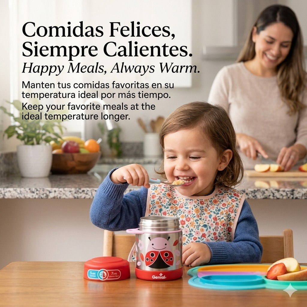 RECIPIENTE TERMO ISOTERMICO PARA ALIMENTOS INFANTIL CON CUCHARA-TENEDOR GENIAL 350ML