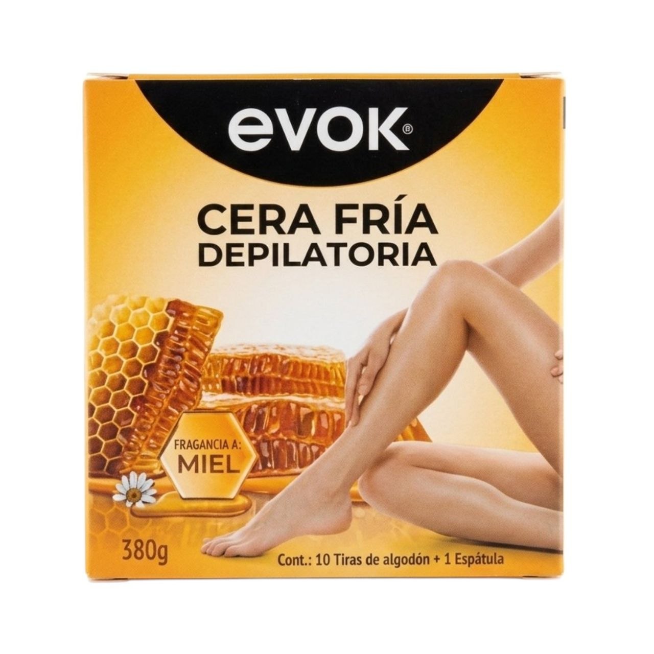 CERA DEPILATORIA FRIA CON FRAGANCIA A MIEL CON TIRAS Y ESPATULA EVOK 30G