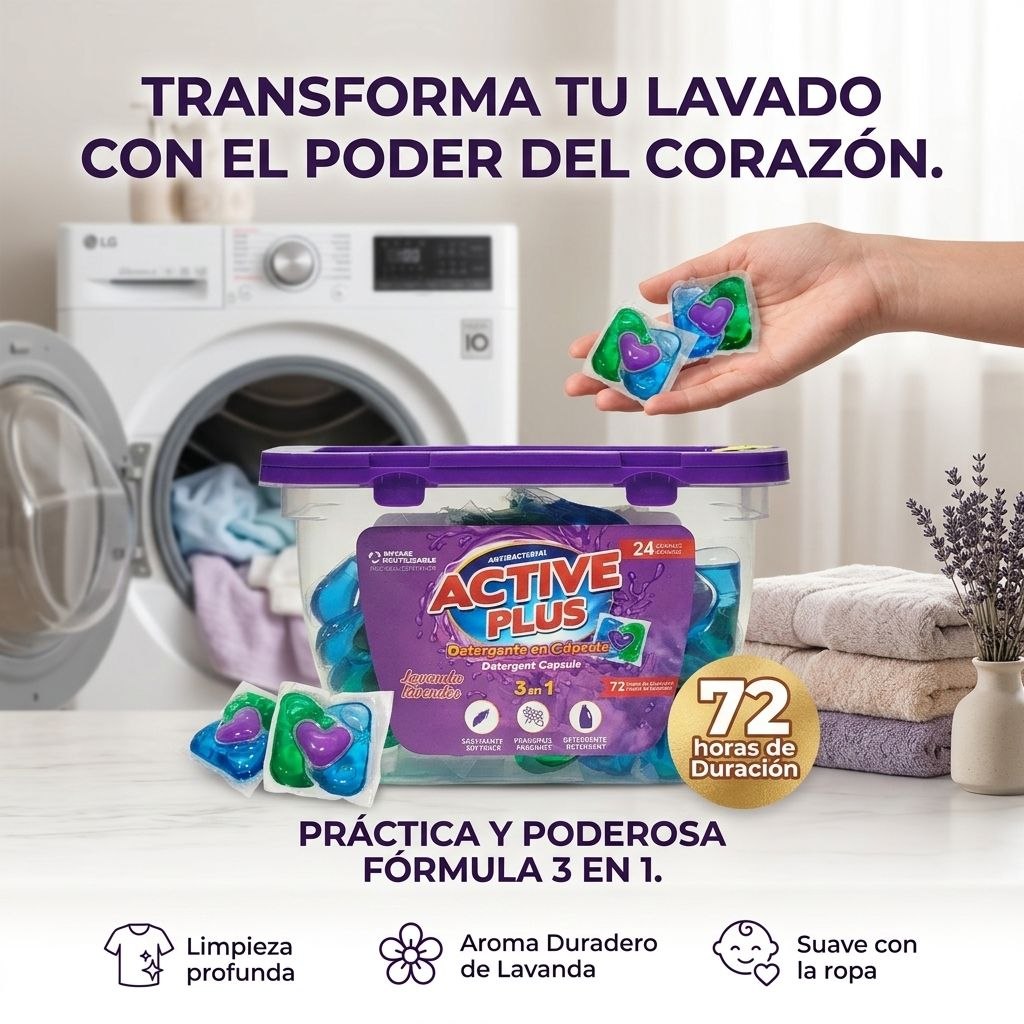 DETERGENTE EN CAPSULAS 3 EN 1 CON AROMA A LAVANDA 24PCS ACTIVE PLUS