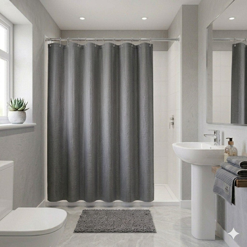 SET DE BAÑO DE ALFOMBRA Y CORTINA COLOR GRIS 14PCS HPC POLO