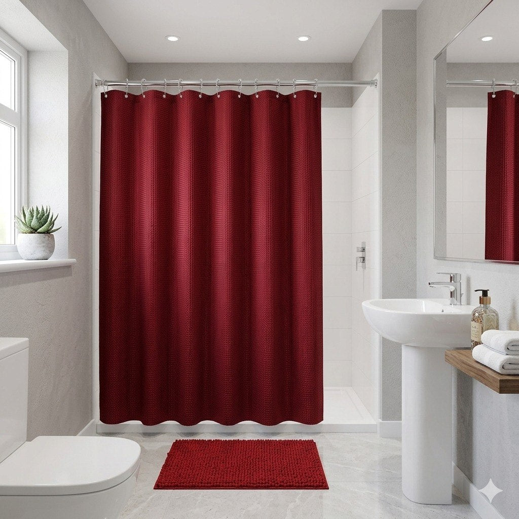 SET DE BAÑO DE ALFOMBRA Y CORTINA COLOR ROJO 14PCS HPC POLO