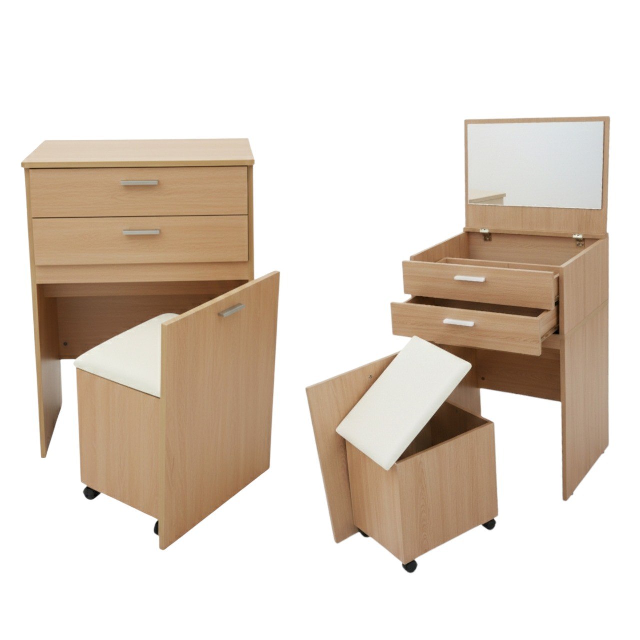 TOCADOR COMPACTO MULTIUSO CON ESPEJO ABATIBLE DE MADERA CLARA 62.5X45X15.5CM