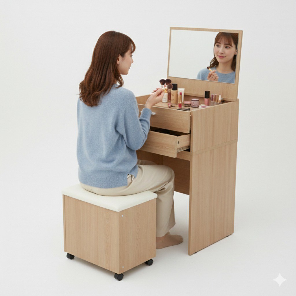 TOCADOR COMPACTO MULTIUSO CON ESPEJO ABATIBLE DE MADERA CLARA 62.5X45X15.5CM