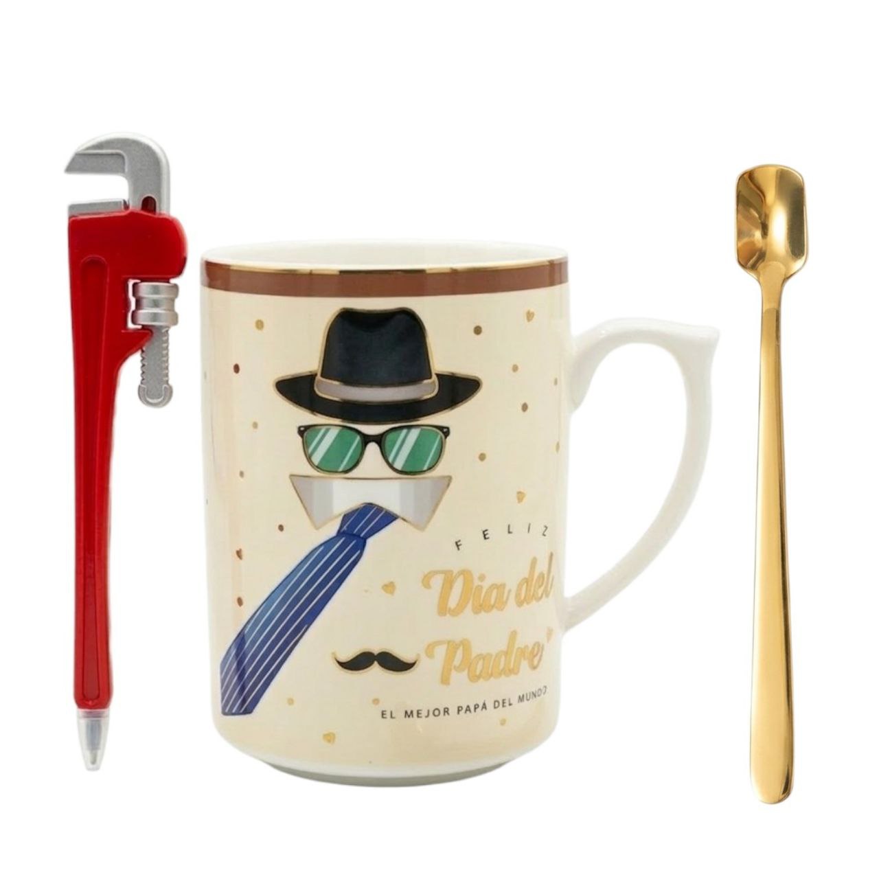 SET DE TAZA DE REGALO PARA PAPÁ CON CUCHARA DE LUJO Y LAPIZ EN FORMA DE LLAVE INGLESA BENELI HOME