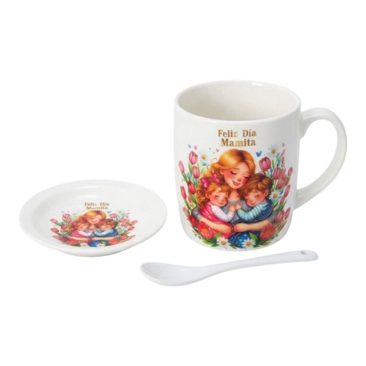 SET DE TAZA DE REGALO PARA DIA DE LA MADRE CON PLATO Y CUCHARA