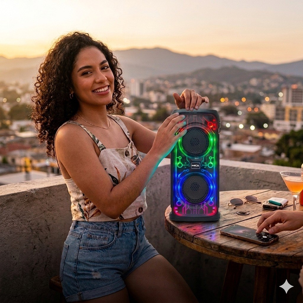BOCINA INALAMBRICA PORTATIL CON LUCES LED RGB Y MICROFONO MICA