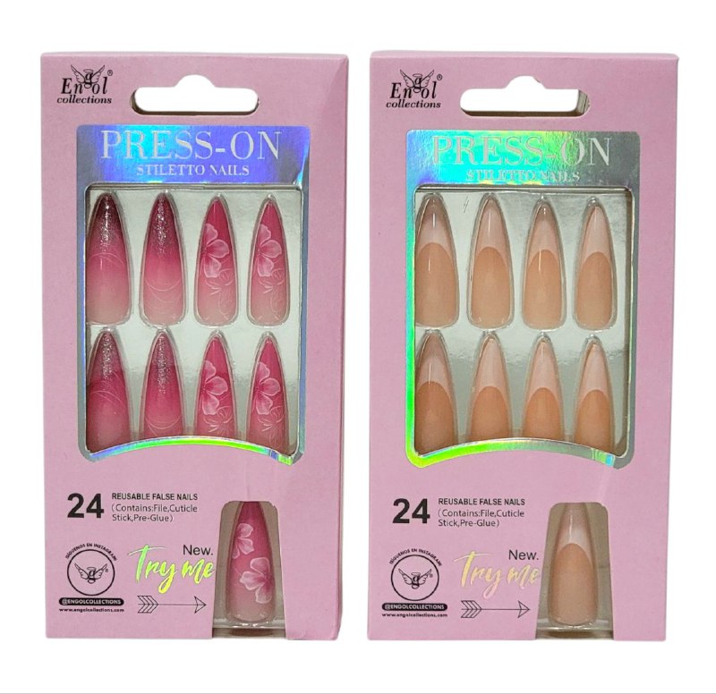 SET DE 24 UÑAS POSTIZAS REUTILIZABLES, LIMA, PALILLO PARA CUTICULA Y PEGAMENTO ENGOL COLLECTIONS