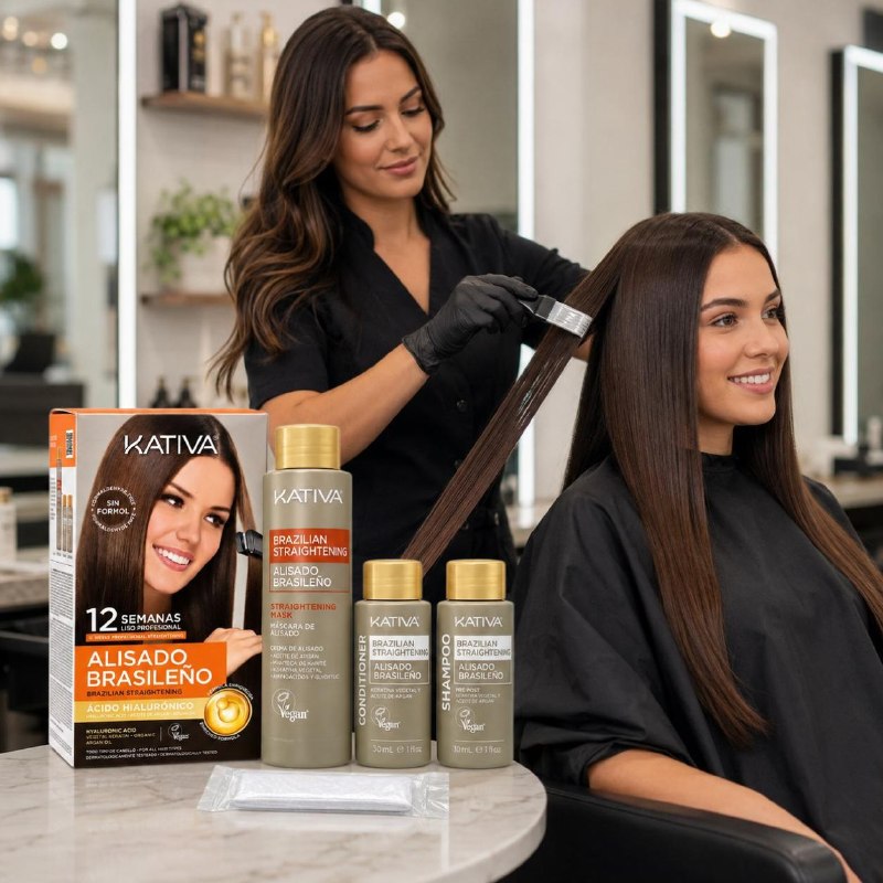 SET DE ALISADO BRASILEÑO SEMIPERMANENTE SIN FORMOL PARA TODO TIPO DE CABELLO KATIVA