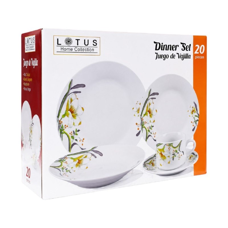 JUEGO DE PLATOS VAJILLA DE PORCELANA CON DISEÑO  FLORAL ELEGANTE LOTUS 20PCS