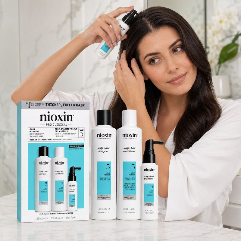 SET DE 3 PASOS EN FORMATO DE VIAJE PARA CABELLO TEÑIDO CON DEBILITAMIENTO LEVE, EFECTO ANTICAIDA, PROTECTOR DE COLOR Y DENSIFICADOR NIOXIN