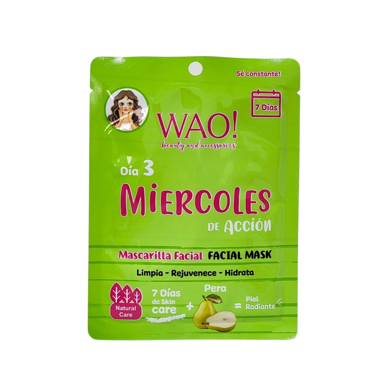 MASCARILLA FACIAL DIA 3 MIERCOLES DE ACCION DE ESENCIA DE PERA WAO! 25G