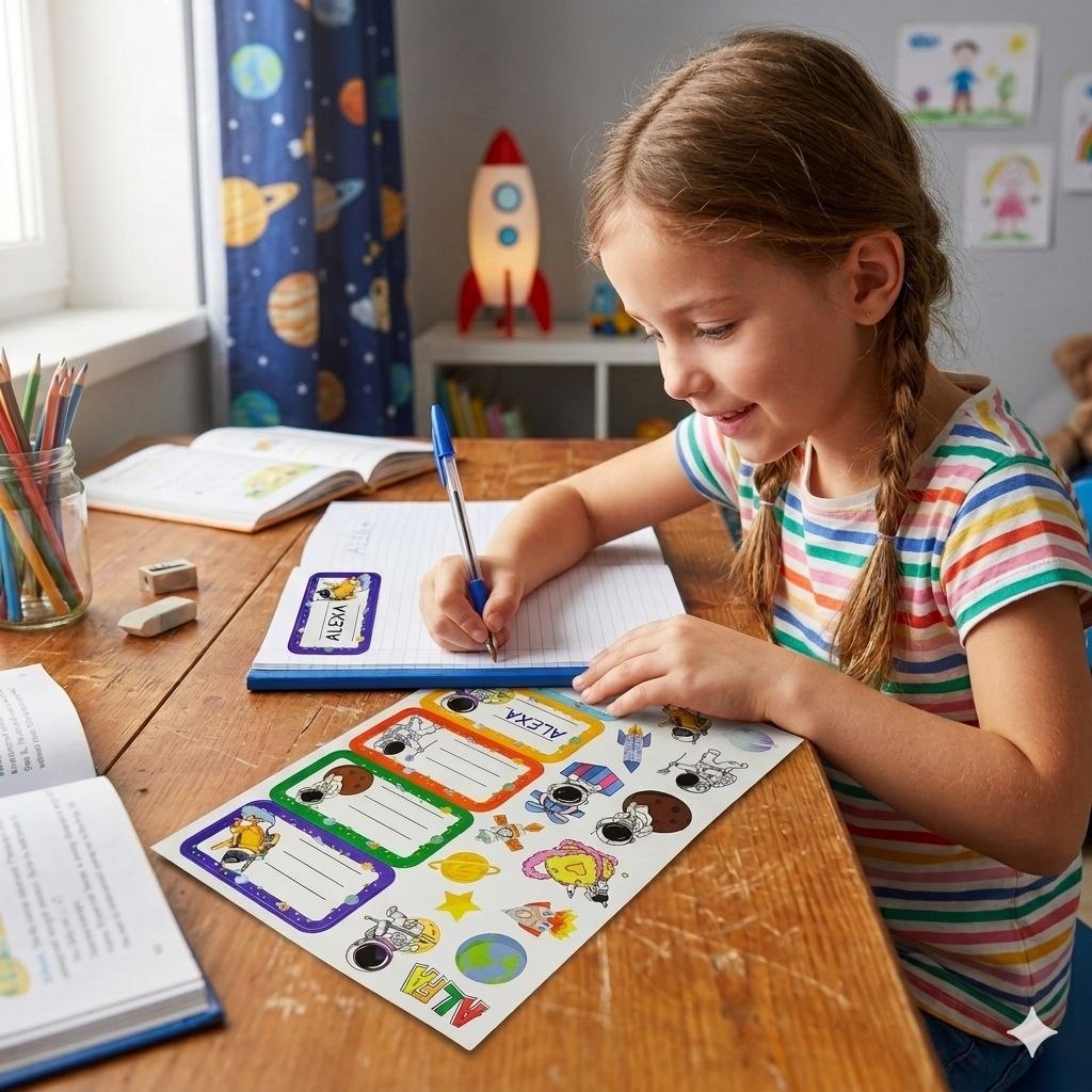 ETIQUETAS ADHESIVAS ESCOLARES PARA ROTULACION CON DISEÑO DE ASTRONAUTA ALFA