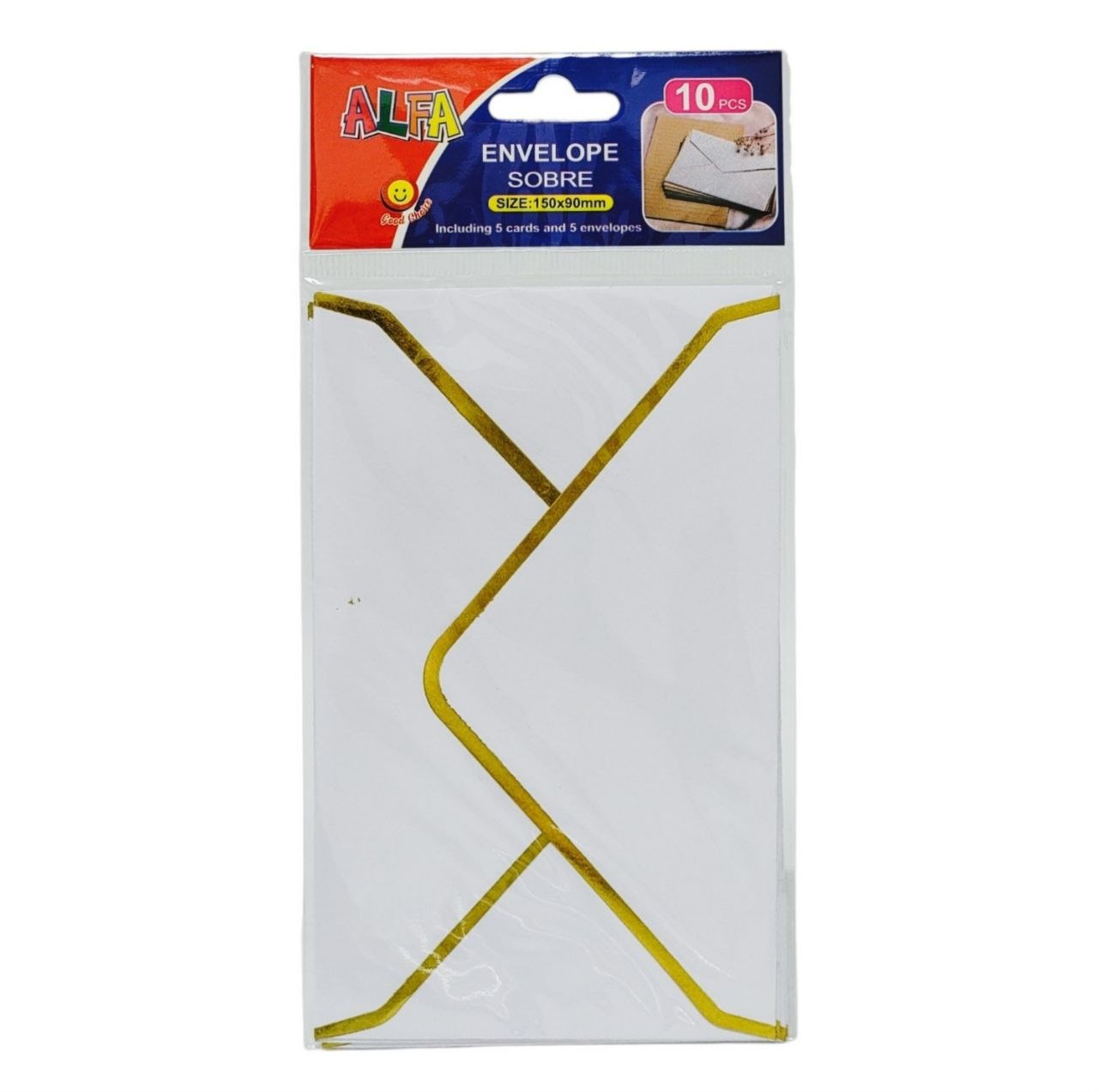 SET DE TARJETAS Y SOBRES CON BORDES DORADOS 10UND ALFA 150X90MM