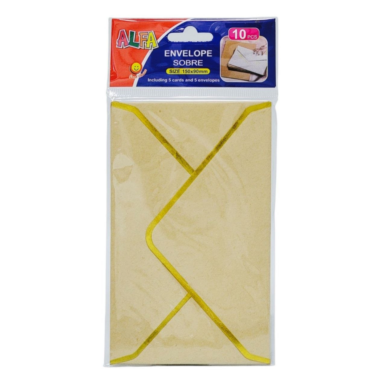 SET DE TARJETAS Y SOBRES CON BORDES DORADOS 10UND ALFA 150X90MM