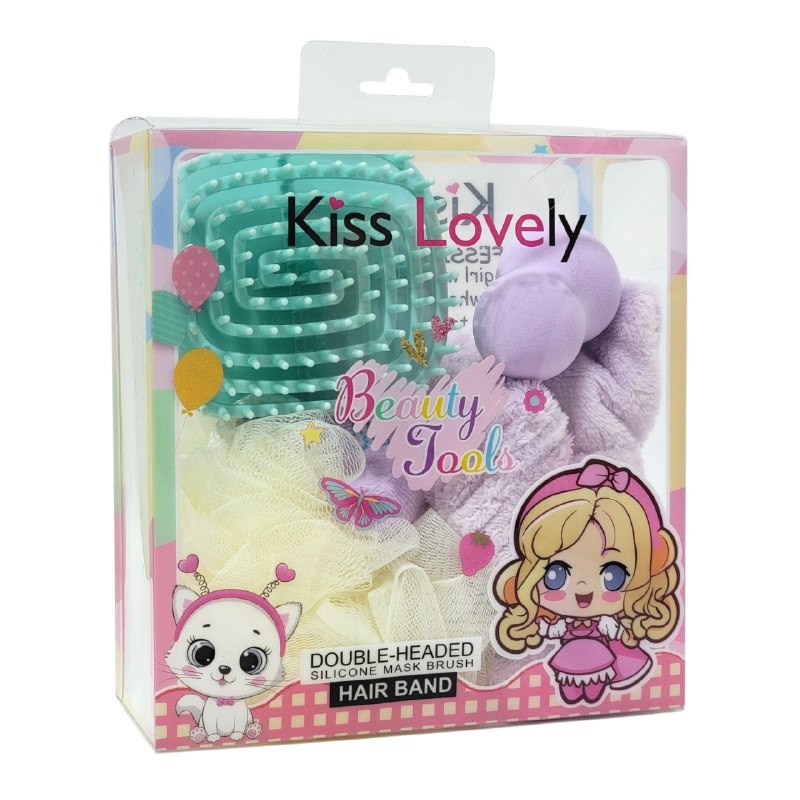 KIT DE CUIDADO FACIAL, BANDA PARA EL PELO, ESPONJA, CEPILLO MESAJE CAPILAR, ESPONJA DE MAQUILLAJE KISS LOVELY, 4 ESTILOS