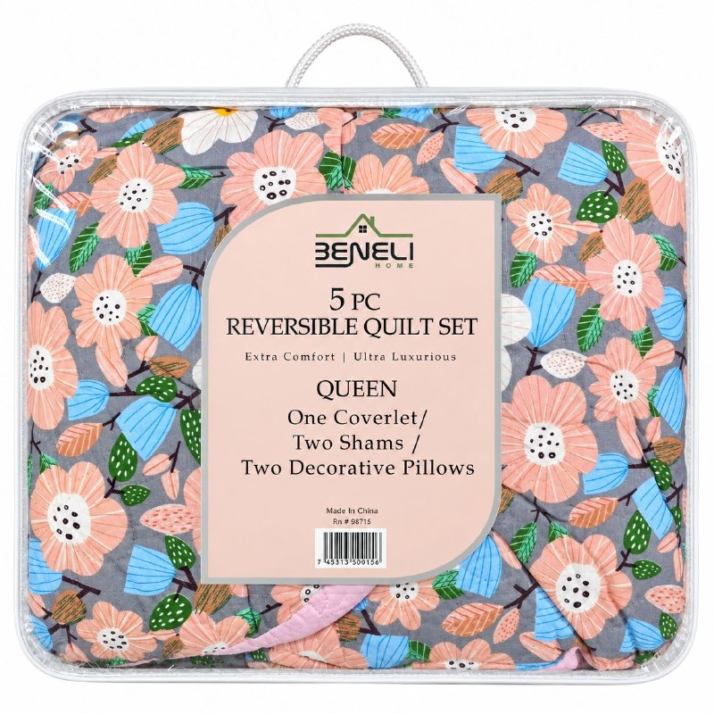 JUEGO DE EDREDON CUBRECAMA REVERSIBLE QUEEN DE 5 PIEZAS BENELI HOME