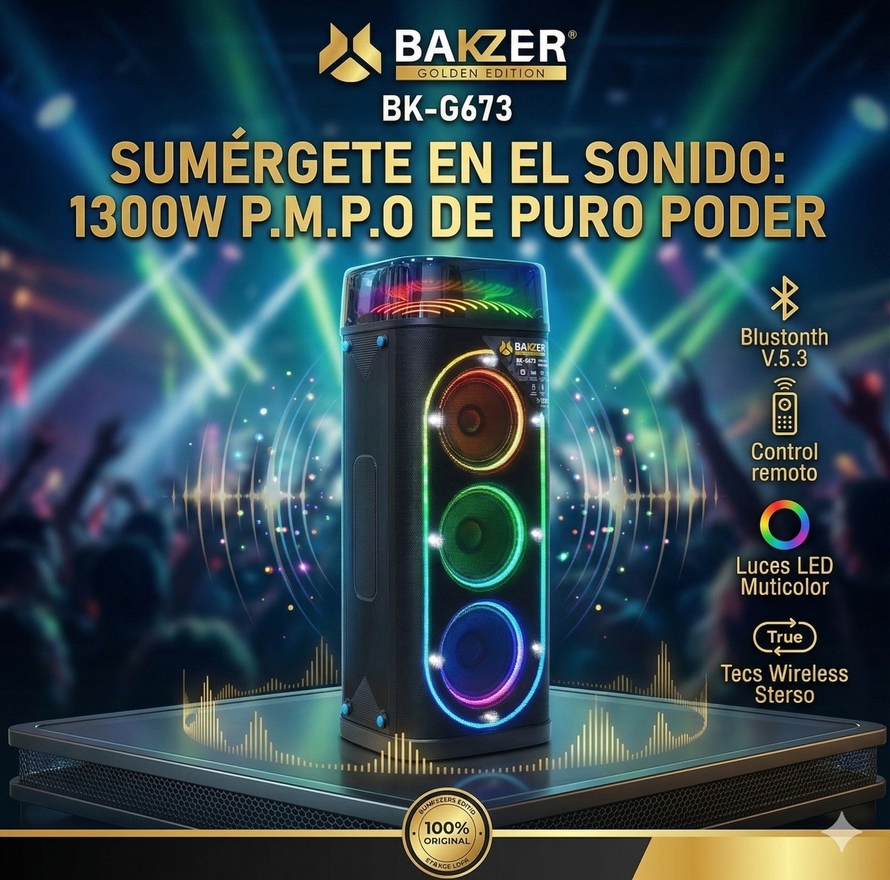 PARLANTE ALTAVOZ DE TORRE INALÁMBRICO PROFESIONAL CON DOBLE SUBWOOFER MODELO BK-G673 BAKZER 84CM