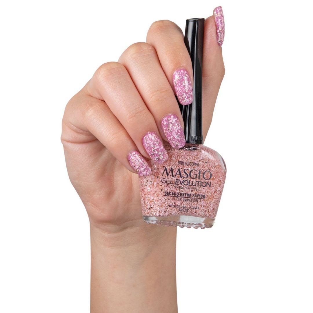 ESMALTE PARA UÑAS DE SECADO RAPIDO BRILLO CORAL MASGLO 13.5ML PASO 3