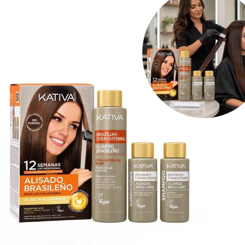 SET DE ALISADO BRASILEÑO SEMIPERMANENTE SIN FORMOL PARA TODO TIPO DE CABELLO KATIVA