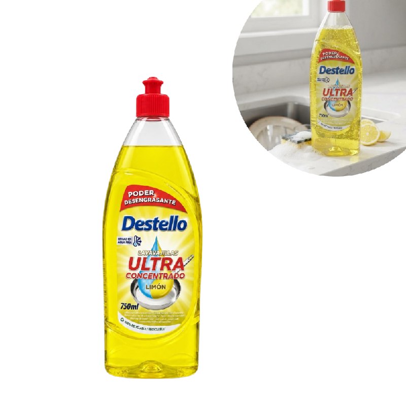 JABON LIQUIDO PARA LAVAR PLATOS ULTRA CONCENTRADO DESENGRASANTE AROMA LIMON DESTELLO 750ML