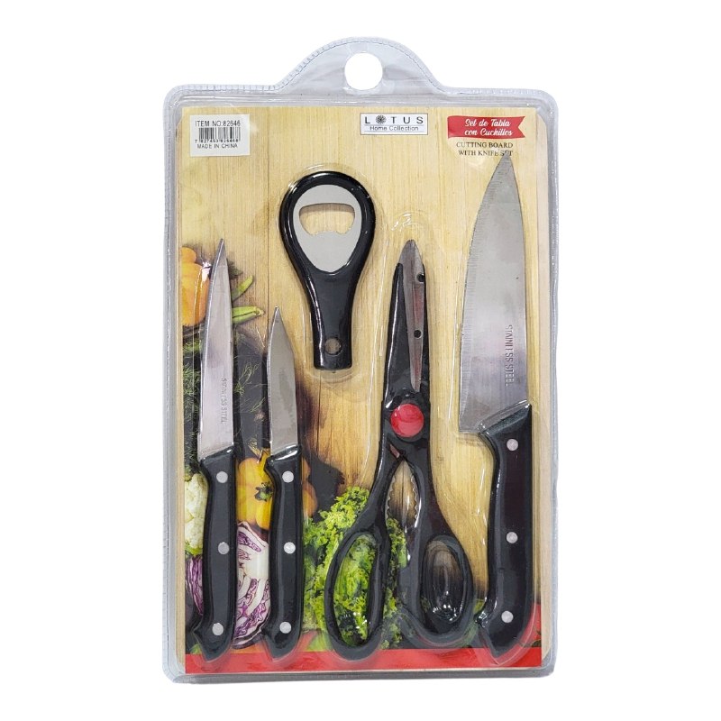 SET DE COCINA CON TABLA DE MADERA Y CUCHILLOS DE ACERO INOXIDABLE 6PCS LOTUS