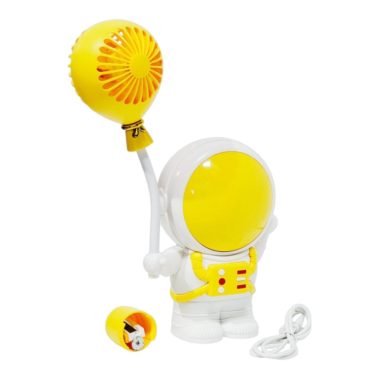 VENTILADOR DE MANO PORTATIL RECARGABLE CON SACAPUNTAS INTEGRADO DE ASTRONAUTA 23X11CM