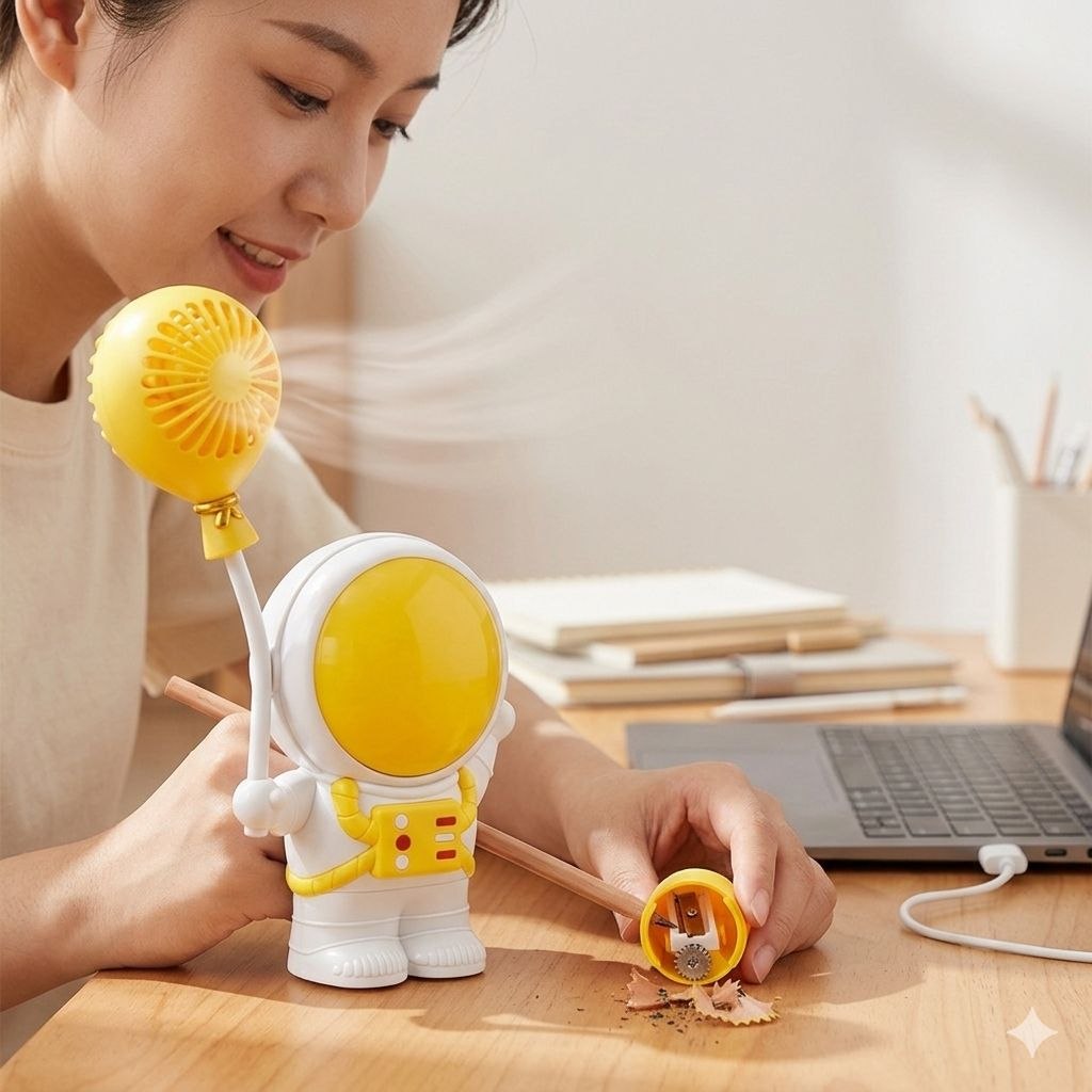 VENTILADOR DE MANO PORTATIL RECARGABLE CON SACAPUNTAS INTEGRADO DE ASTRONAUTA 23X11CM