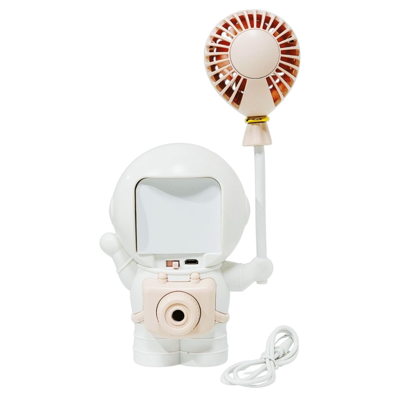 VENTILADOR DE MANO PORTATIL RECARGABLE CON SACAPUNTAS INTEGRADO DE ASTRONAUTA 23X11CM