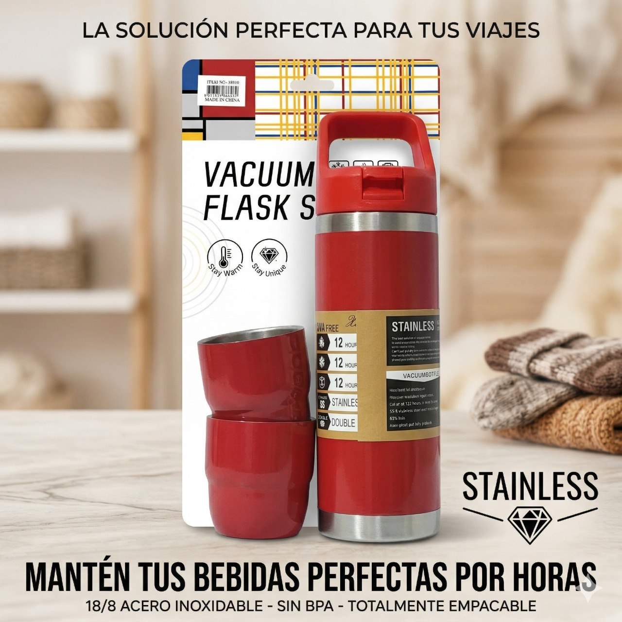 SET DE TERMO Y TAZAS DE VIAJE DE ACERO INOXIDABLE 3PCS 500ML