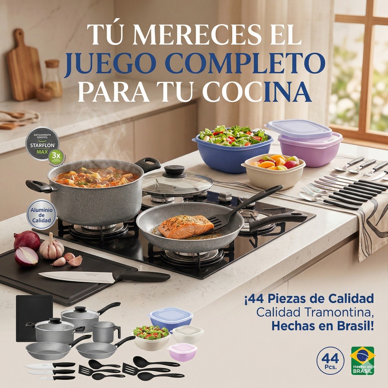 JUEGO DE COCINA COMPLETO CON OLLAS SARTENES CUCHILLOS Y CUBIERTOS 44PCS TRAMONTINA