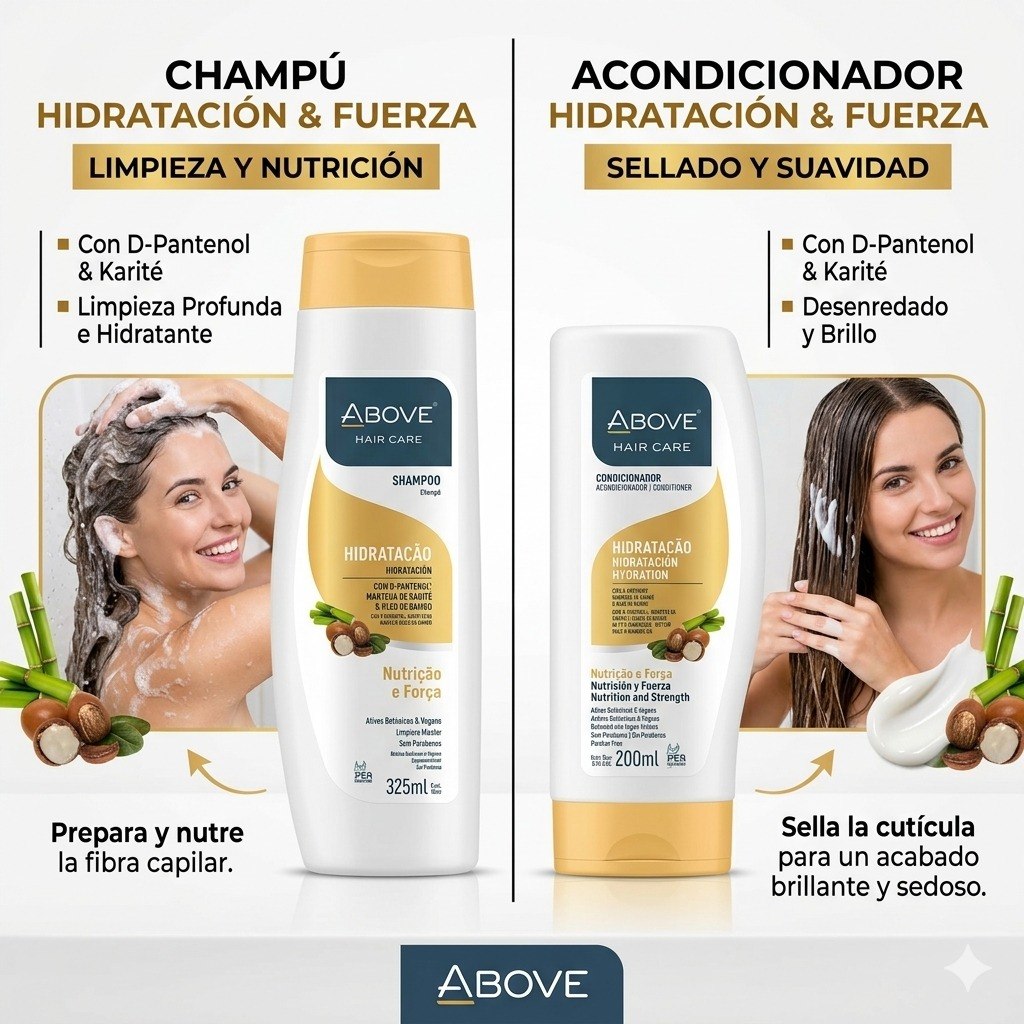 SET DE SHAMPOO Y ACONDICIONADOR REPARADOR PARA CABELLO SECO Y QUEBRADIZO ABOVE 325ML + 200ML