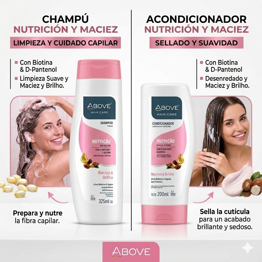 SET DE SHAMPOO Y ACONDICIONADOR NUTRITIVO CON D-PANTENOL Y BIOTINA ABOVE 325ML + 200ML