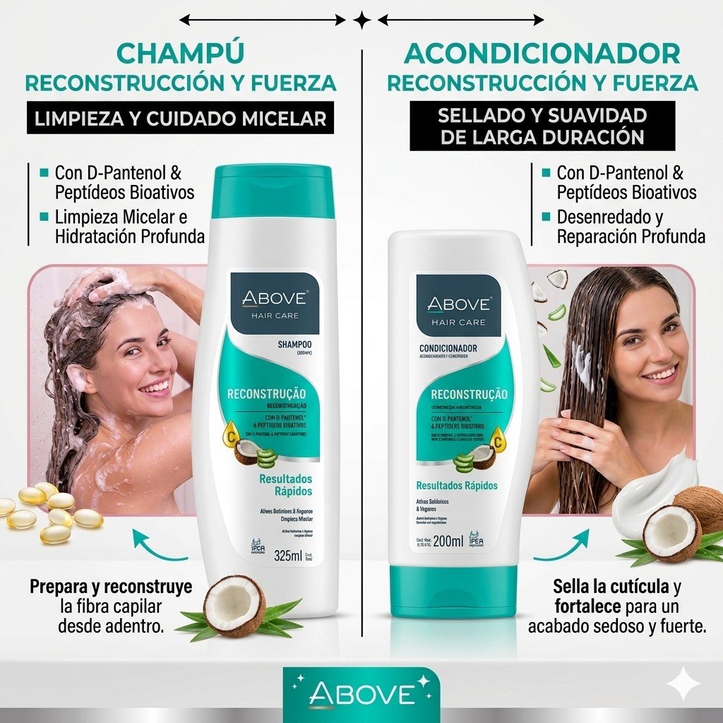 SET DE SHAMPOO Y ACONDICIONADOR RECONSTRUCTOR PARA CABELLO DAÑADO Y TEÑIDO CON PEPTIDOS BIOACTIVOS Y COCO ABOVE 325ML + 200ML